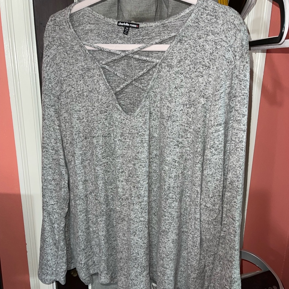 Gray knit top with bell sleeves
